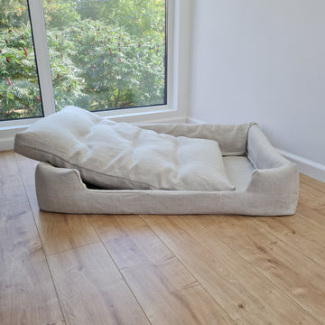 Hemp Pet Bed Removable Washable Natural Linen Cover Bed Filled Organic Hemp Fiber Filler - with thick topper inside - house for cats dogs