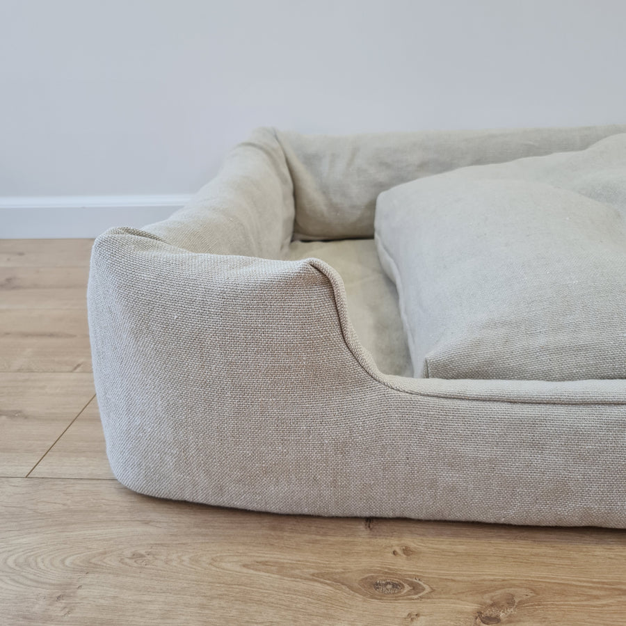 Hemp Pet Bed Removable Washable Natural Linen Cover Bed Filled Organic Hemp Fiber Filler - with thick topper inside - house for cats dogs