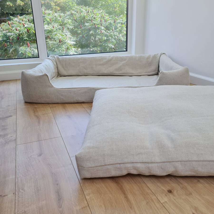 Hemp Pet Bed Removable Washable Natural Linen Cover Bed Filled Organic Hemp Fiber Filler - with thick topper inside - house for cats dogs