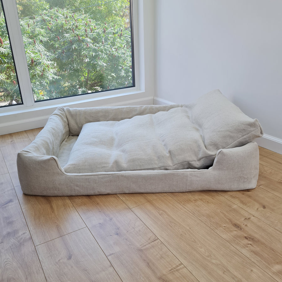 Hemp Pet Bed Removable Washable Natural Linen Cover Bed Filled Organic Hemp Fiber Filler - with thick topper inside - house for cats dogs