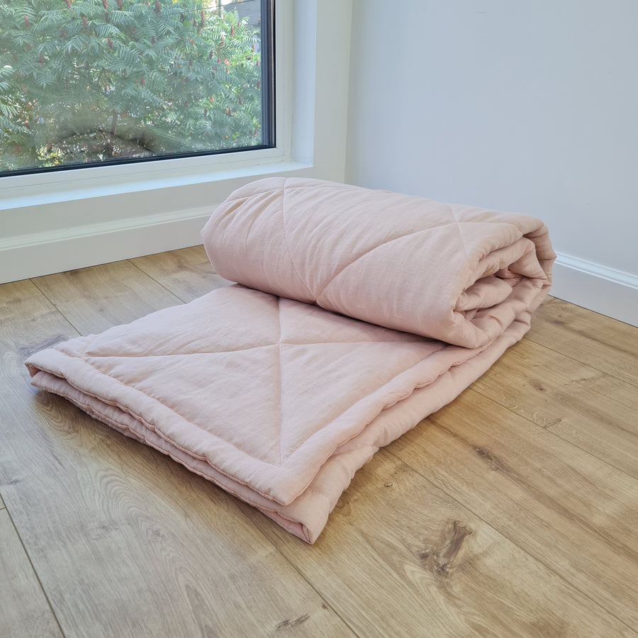 HEMP Linen viscose Blanket organic Hemp fiber filling in Natural Tender Peach Linen viscose Fabric cozy organic hand made Quilted blanket