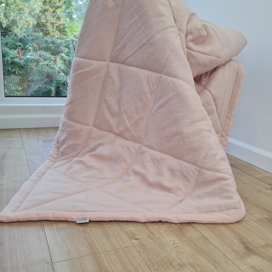 HEMP Linen viscose Blanket organic Hemp fiber filling in Natural Tender Peach Linen viscose Fabric cozy organic hand made Quilted blanket