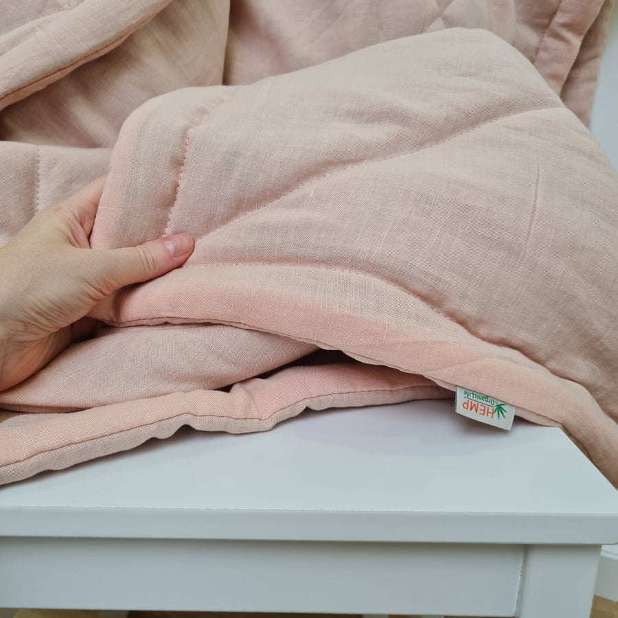 HEMP Linen viscose Blanket organic Hemp fiber filling in Natural Tender Peach Linen viscose Fabric cozy organic hand made Quilted blanket