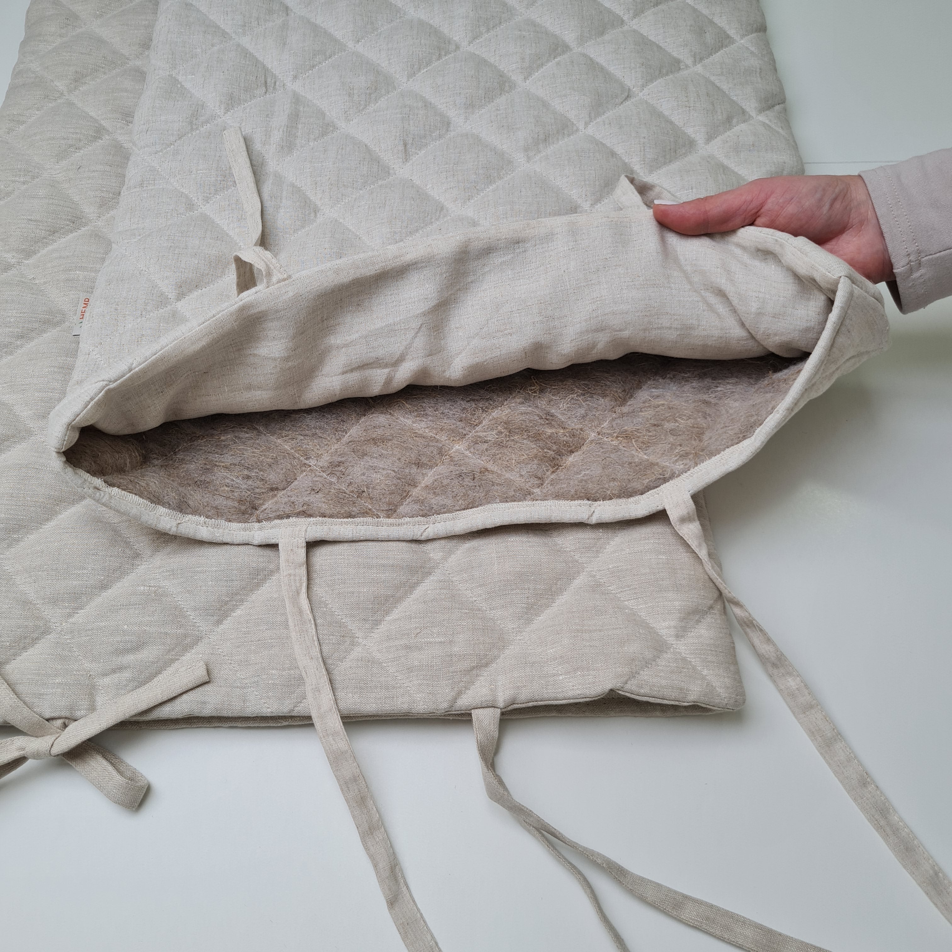 Hemp Linen pillow cover quilted by HEMP Organic fiber in natural non-dyed linen or hemp fabric with ties