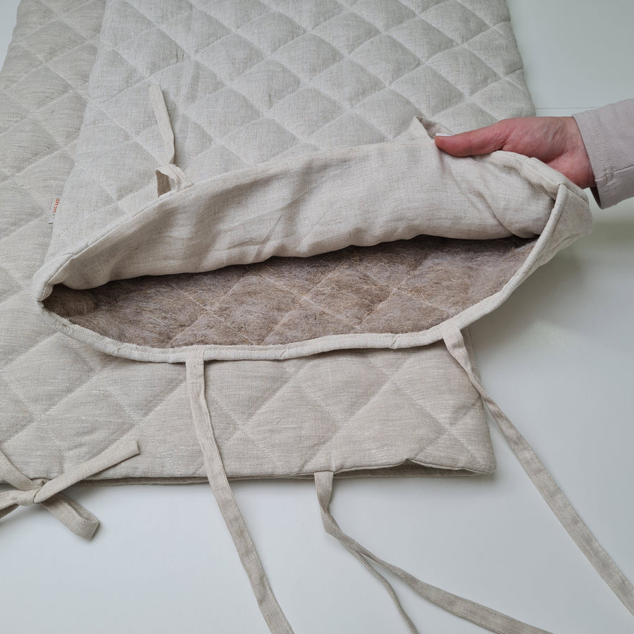 Hemp Linen pillow cover quilted by HEMP Organic fiber in natural non-dyed linen or hemp fabric with ties
