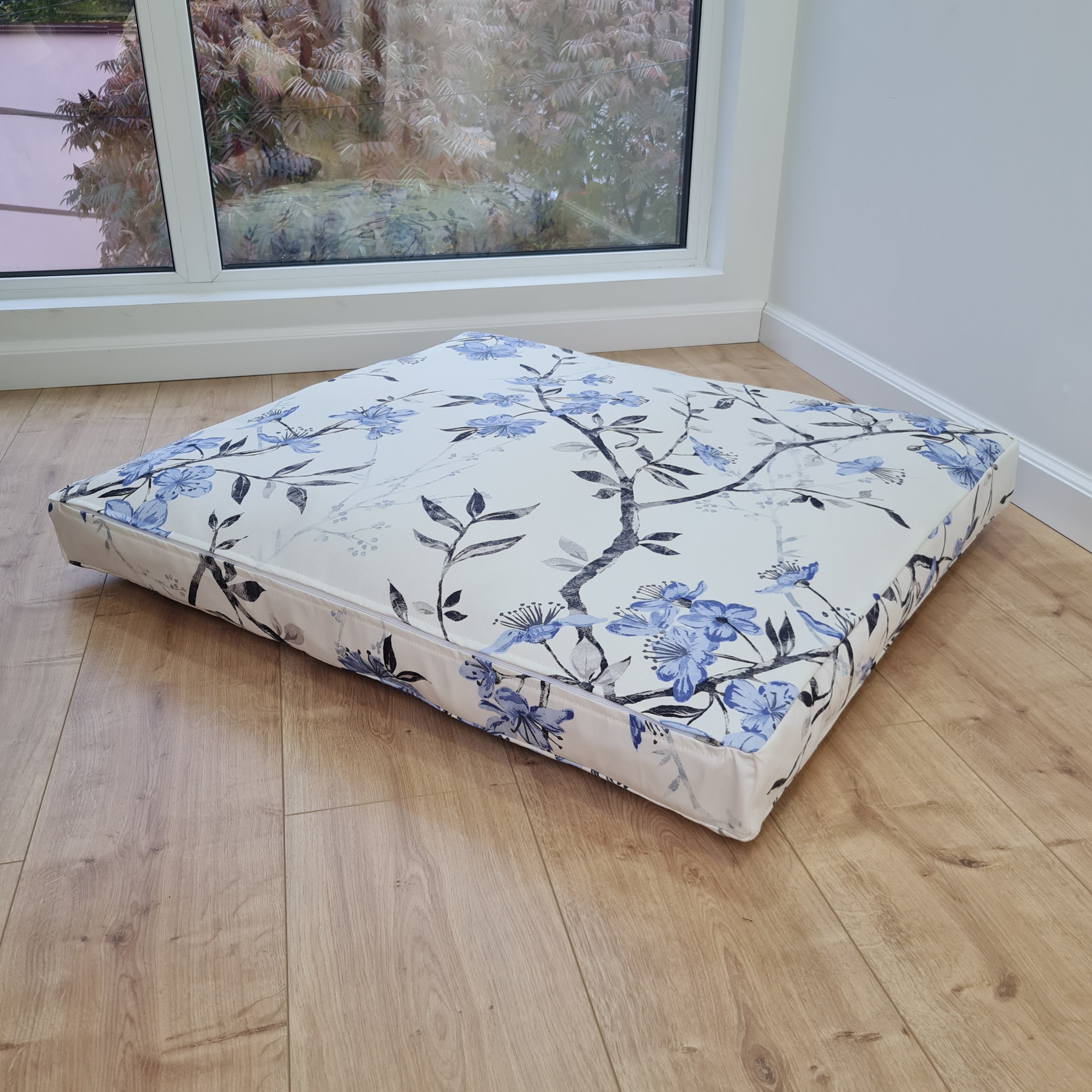Hemp Pet Mat Pad Cushion Removable Cotton Water Repellent Cover in blue flower on white Organic Hemp Fiber Filler Padded Dog