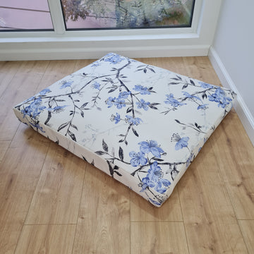Hemp Pet Mat Pad Cushion Removable Cotton Water Repellent Cover in blue flower on white Organic Hemp Fiber Filler Padded Dog
