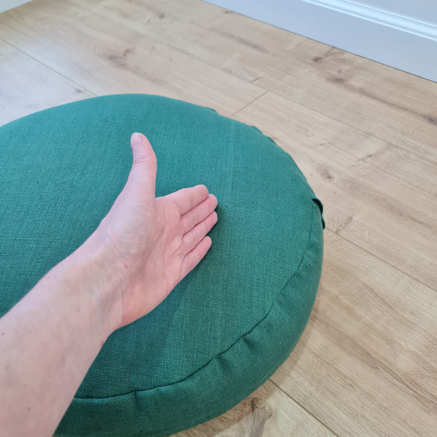 D 16.5"x H 3.15" (D 42 x H 8 cm) Zafu Green Linen floor cushion with Buckwheat hulls /Organic Meditation cushion/buckwheat