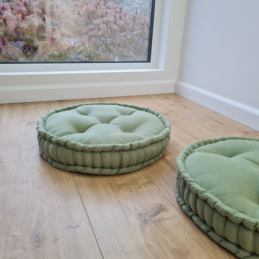 D16" (40 cm) Round Hemp Cushion filled Hemp Fiber in natural Olive Linen fabric organic Floor Chair cushion Meditation pillow