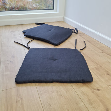 17.5" x 16.5" (45 x 42 cm) Hemp Linen seat cushion for chair with ties filled organic hemp fiber in natural charcoal grey linen fabric