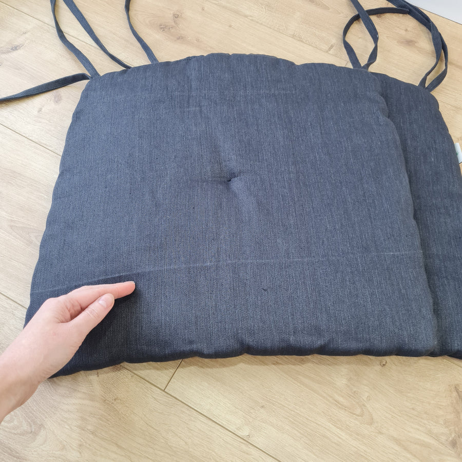 17.5" x 16.5" (45 x 42 cm) Hemp Linen seat cushion for chair with ties filled organic hemp fiber in natural charcoal grey linen fabric