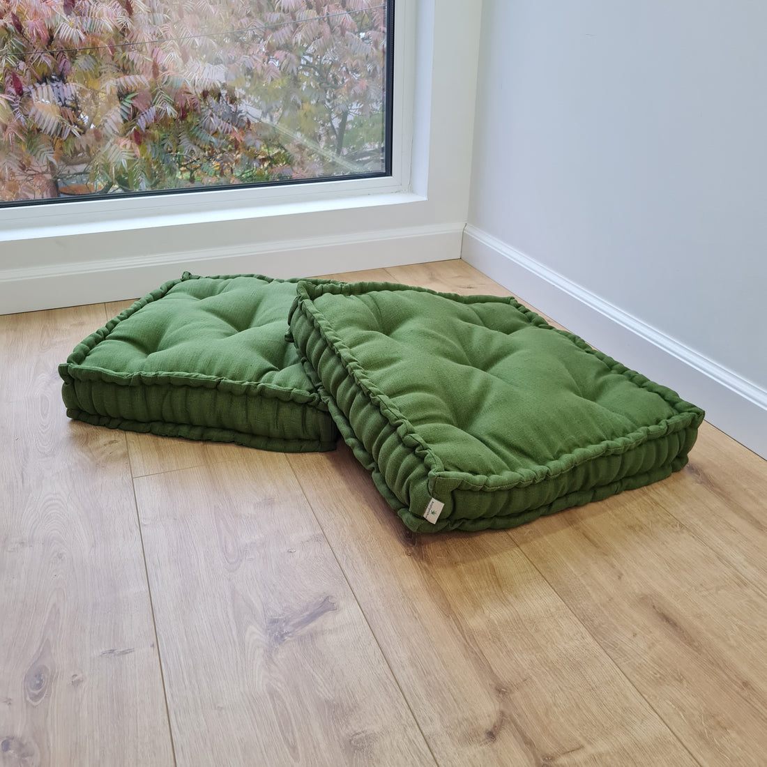 16" x 16" (40x40 cm) Green Hemp Linen Floor cushion filled organic Hemp Fiber in natural linen fabric