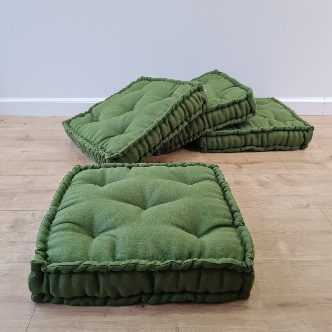 16" x 16" (40x40 cm) Green Hemp Linen Floor cushion filled organic Hemp Fiber in natural linen fabric