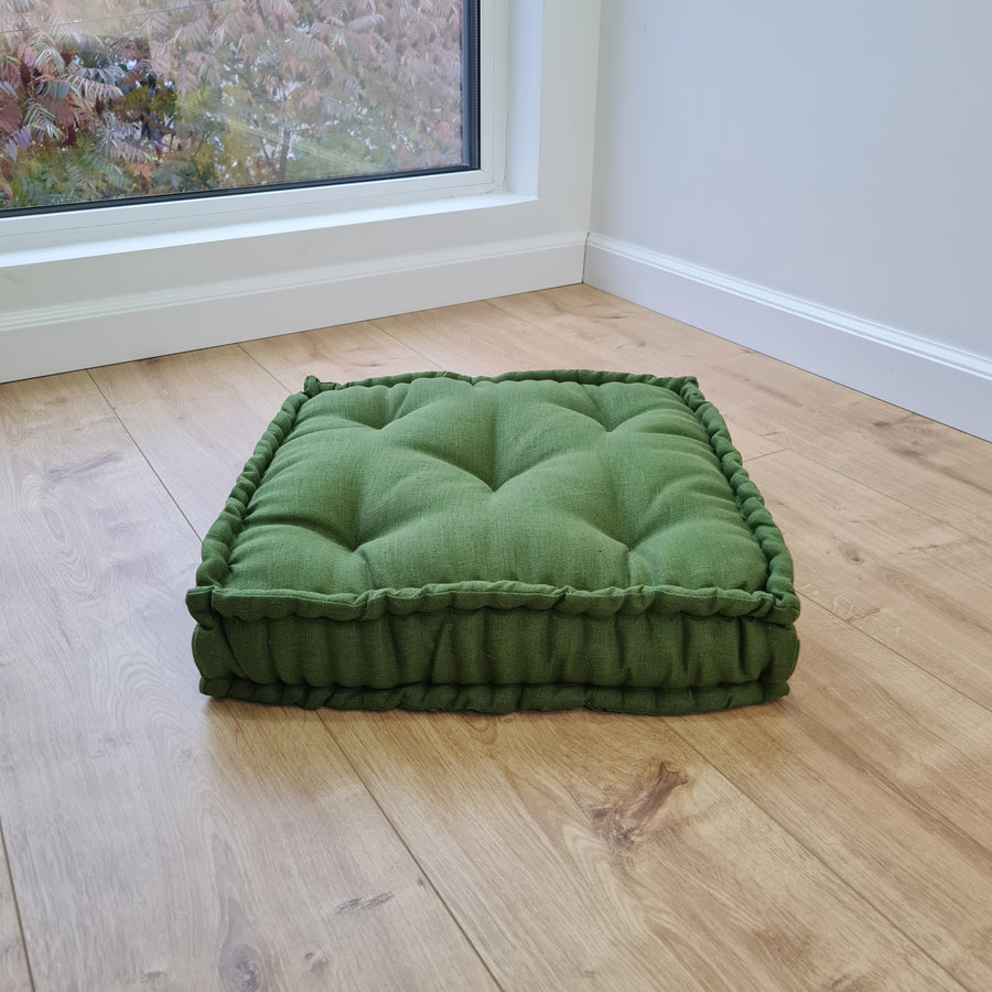 16" x 16" (40x40 cm) Green Hemp Linen Floor cushion filled organic Hemp Fiber in natural linen fabric