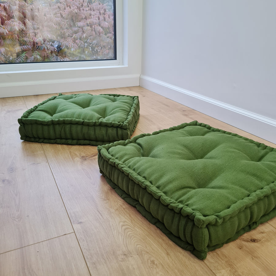 16" x 16" (40x40 cm) Green Hemp Linen Floor cushion filled organic Hemp Fiber in natural linen fabric