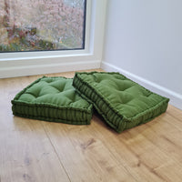 16" x 16" (40x40 cm) Green Hemp Linen Floor cushion filled organic Hemp Fiber in natural linen fabric