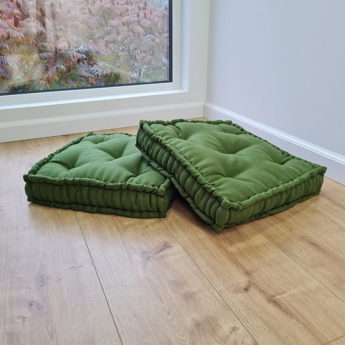 16" x 16" (40x40 cm) Green Hemp Linen Floor cushion filled organic Hemp Fiber in natural linen fabric