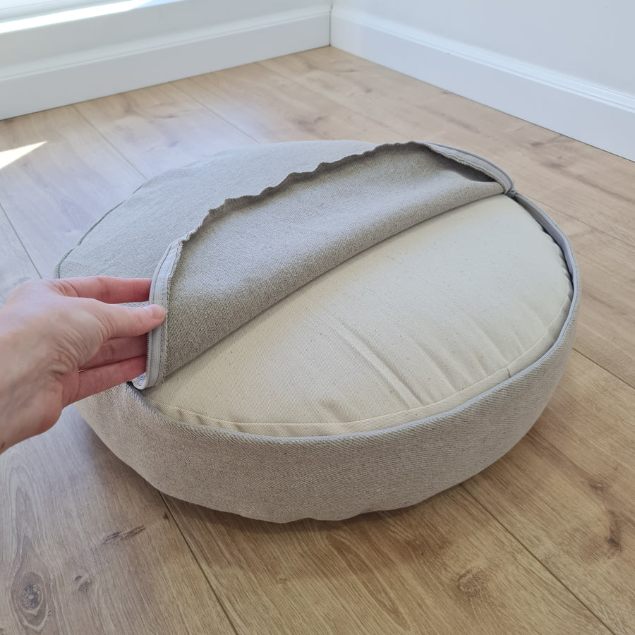 Round Hemp cushion with removable cover Hemp fiber filling in cotton fabric with linen non-dyed cover Floor cushion custom made size