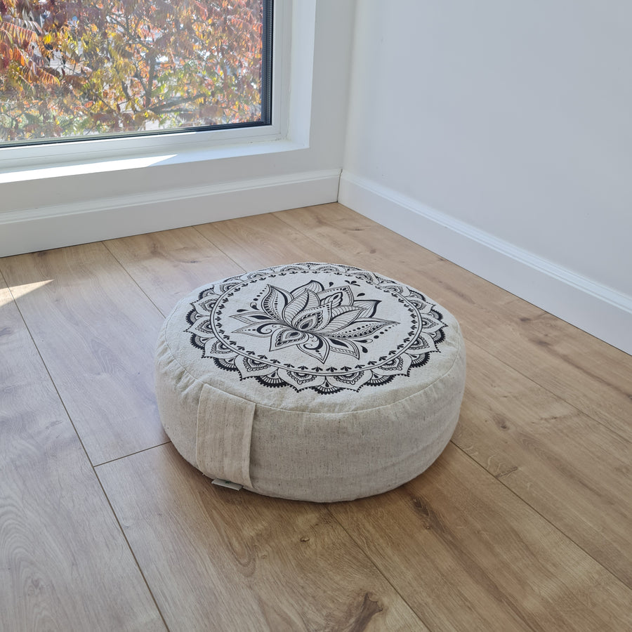 D14"x4.7" (35 x 12 cm) HEMP Zafu floor cushion with Buckwheat hulls with Lotus print /Organic Meditation cushion/ pillow seat/ Yoga