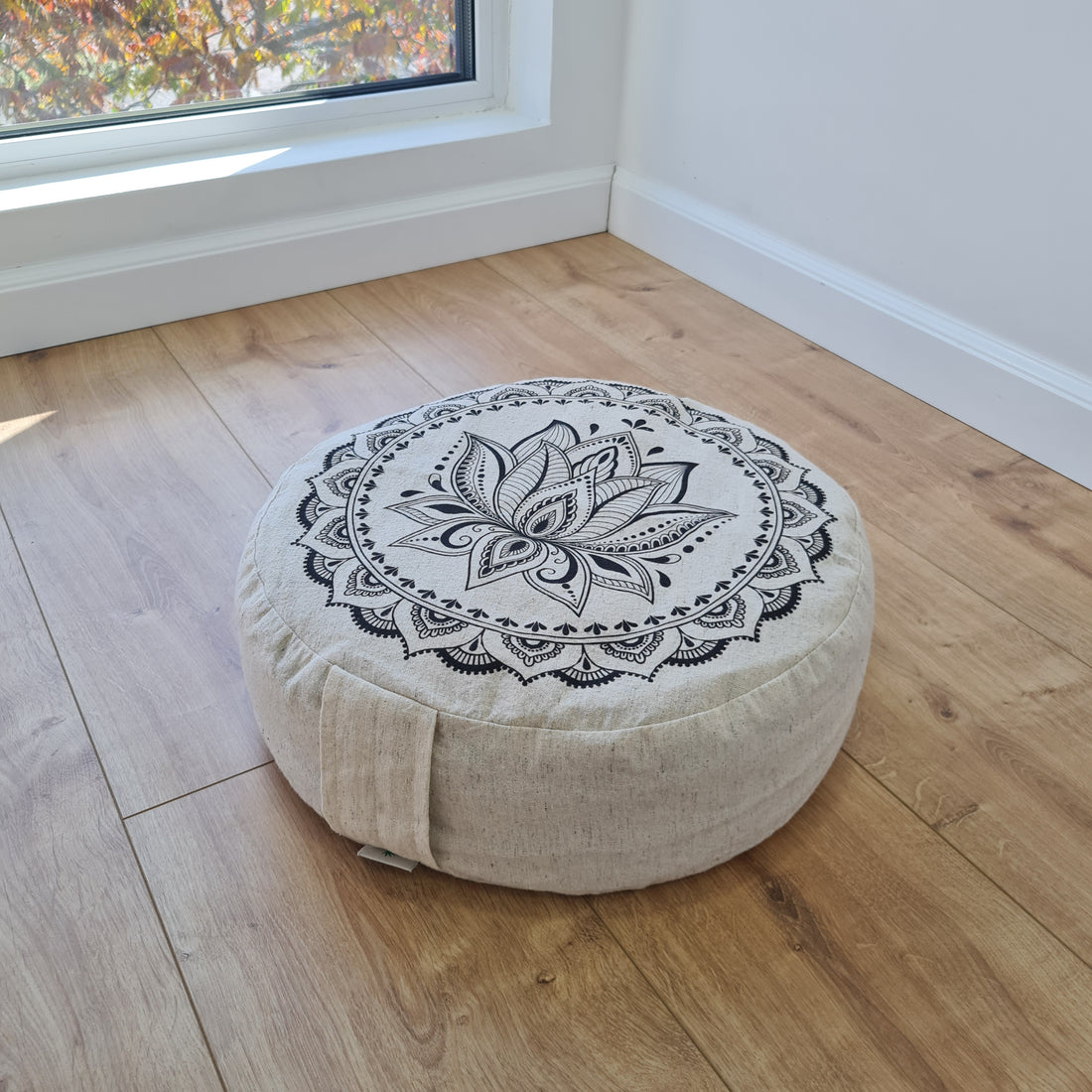 D14"x4.7" (35 x 12 cm) HEMP Zafu floor cushion with Buckwheat hulls with Lotus print /Organic Meditation cushion/ pillow seat/ Yoga