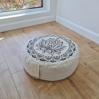 D14"x4.7" (35 x 12 cm) HEMP Zafu floor cushion with Buckwheat hulls with Lotus print /Organic Meditation cushion/ pillow seat/ Yoga