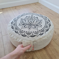 D14"x4.7" (35 x 12 cm) HEMP Zafu floor cushion with Buckwheat hulls with Lotus print /Organic Meditation cushion/ pillow seat/ Yoga
