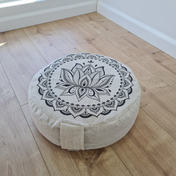 D14"x4.7" (35 x 12 cm) HEMP Zafu floor cushion with Buckwheat hulls with Lotus print /Organic Meditation cushion/ pillow seat/ Yoga