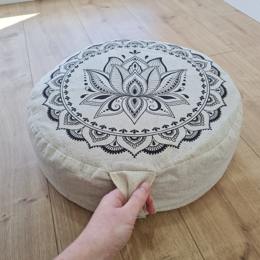 D14"x4.7" (35 x 12 cm) HEMP Zafu floor cushion with Buckwheat hulls with Lotus print /Organic Meditation cushion/ pillow seat/ Yoga
