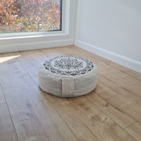 D14"x4.7" (35 x 12 cm) HEMP Zafu floor cushion with Buckwheat hulls with Lotus print /Organic Meditation cushion/ pillow seat/ Yoga