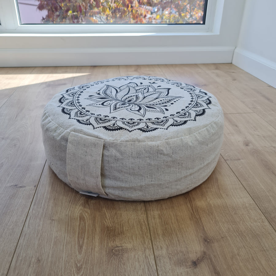 D14"x4.7" (35 x 12 cm) HEMP Zafu floor cushion with Buckwheat hulls with Lotus print /Organic Meditation cushion/ pillow seat/ Yoga