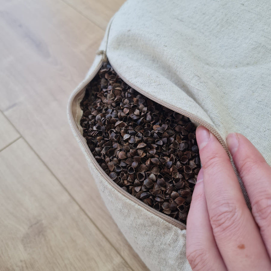 D14"x4.7" (35 x 12 cm) HEMP Zafu floor cushion with Buckwheat hulls with Lotus print /Organic Meditation cushion/ pillow seat/ Yoga