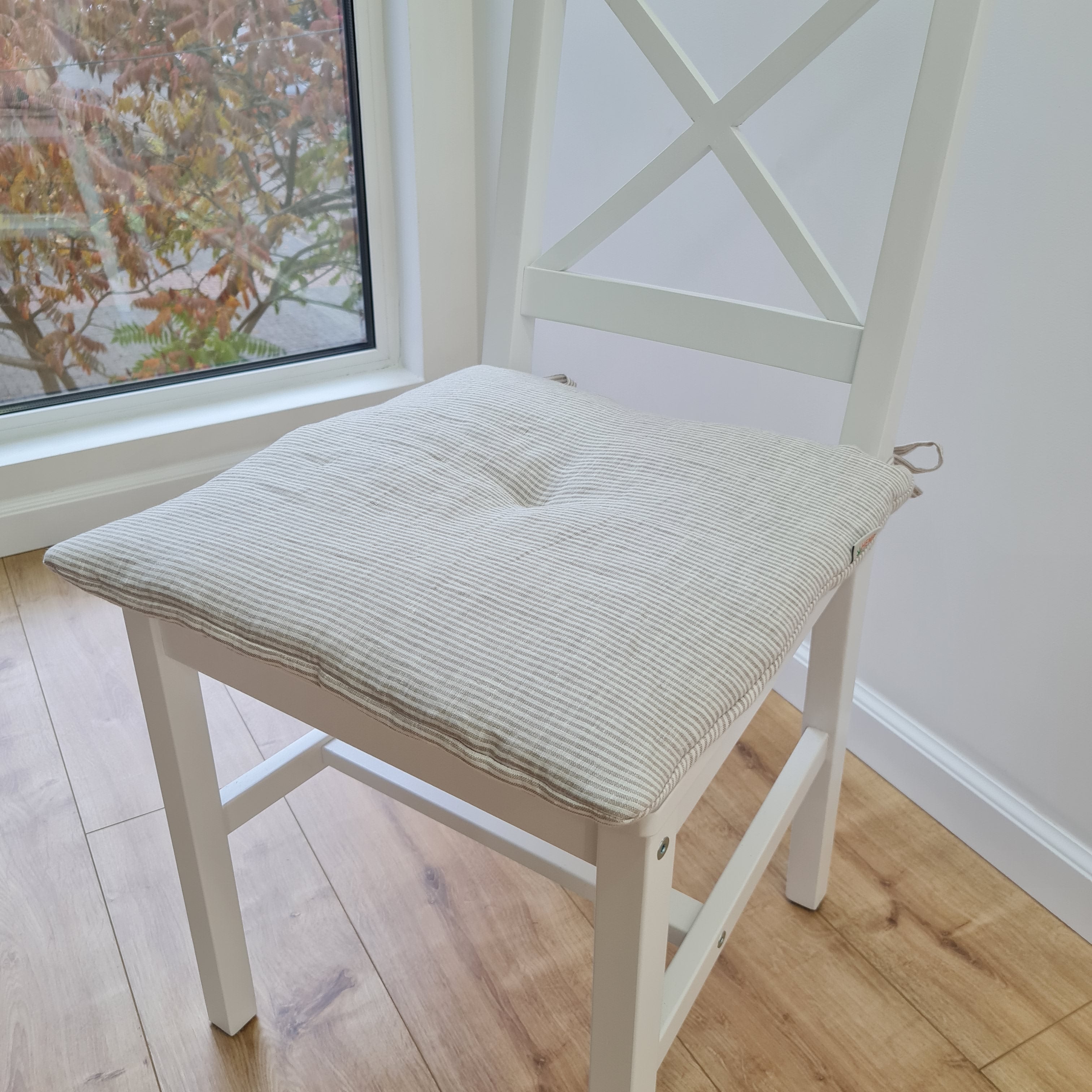 16"x16" (40x40 cm) Hemp Linen seat cushion for chair with ties filled organic hemp fiber in natural linen fabric in stripes