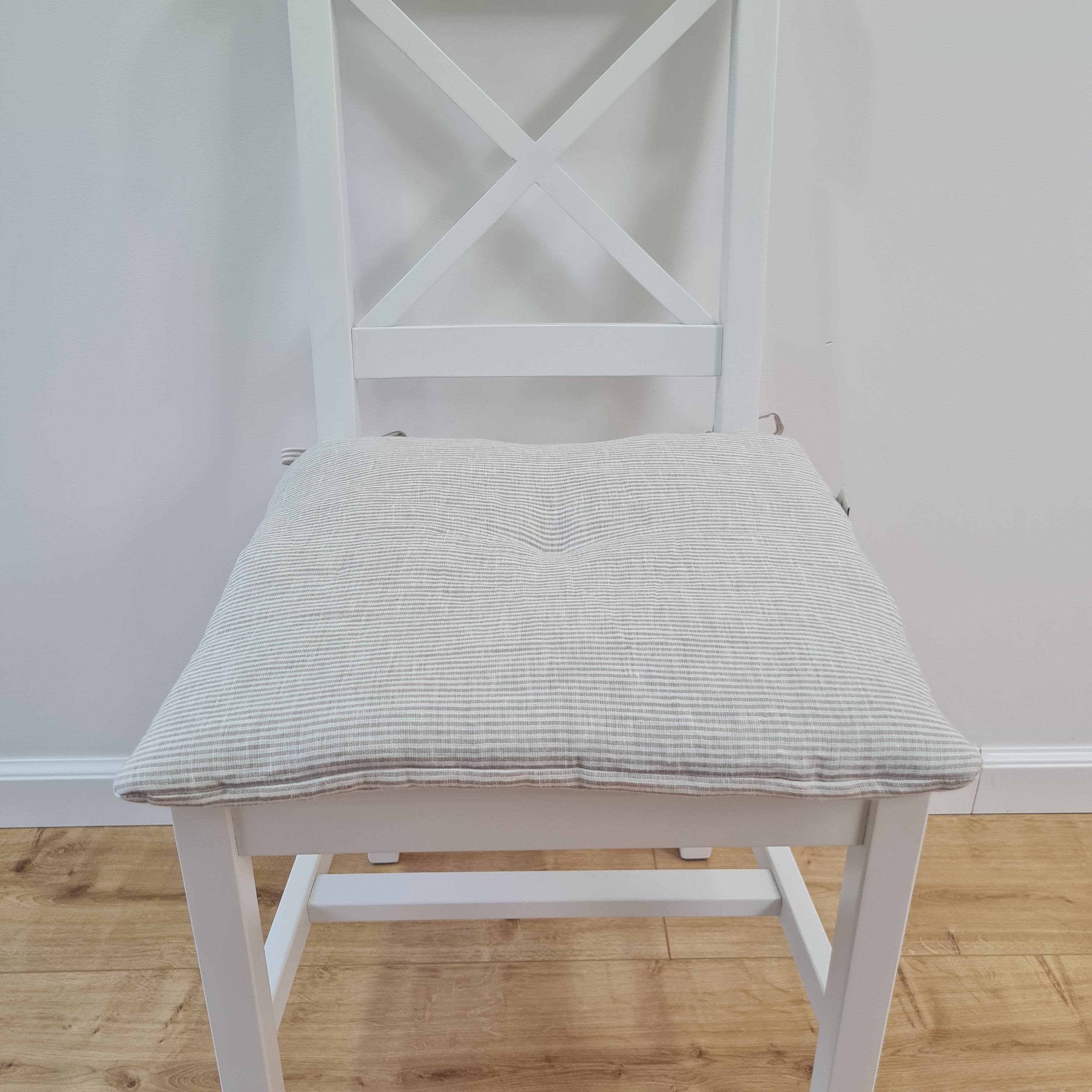 16"x16" (40x40 cm) Hemp Linen seat cushion for chair with ties filled organic hemp fiber in natural linen fabric in stripes