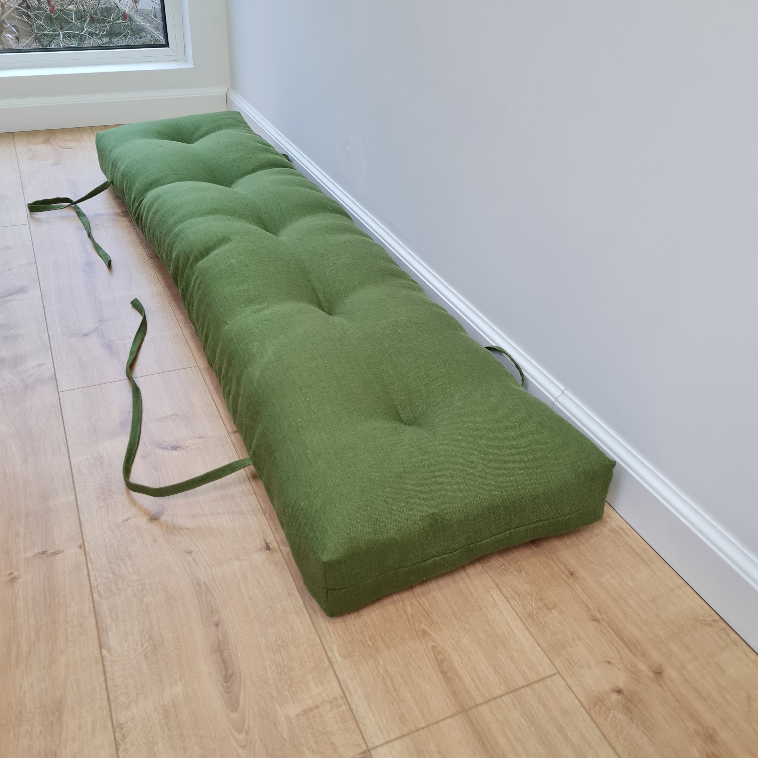 Natural Hemp Linen Bench Cushion with Ties Custom Made filled organic Hemp Fiber in natural non dyed Linen Fabric Window Bench Mudroom cushions
