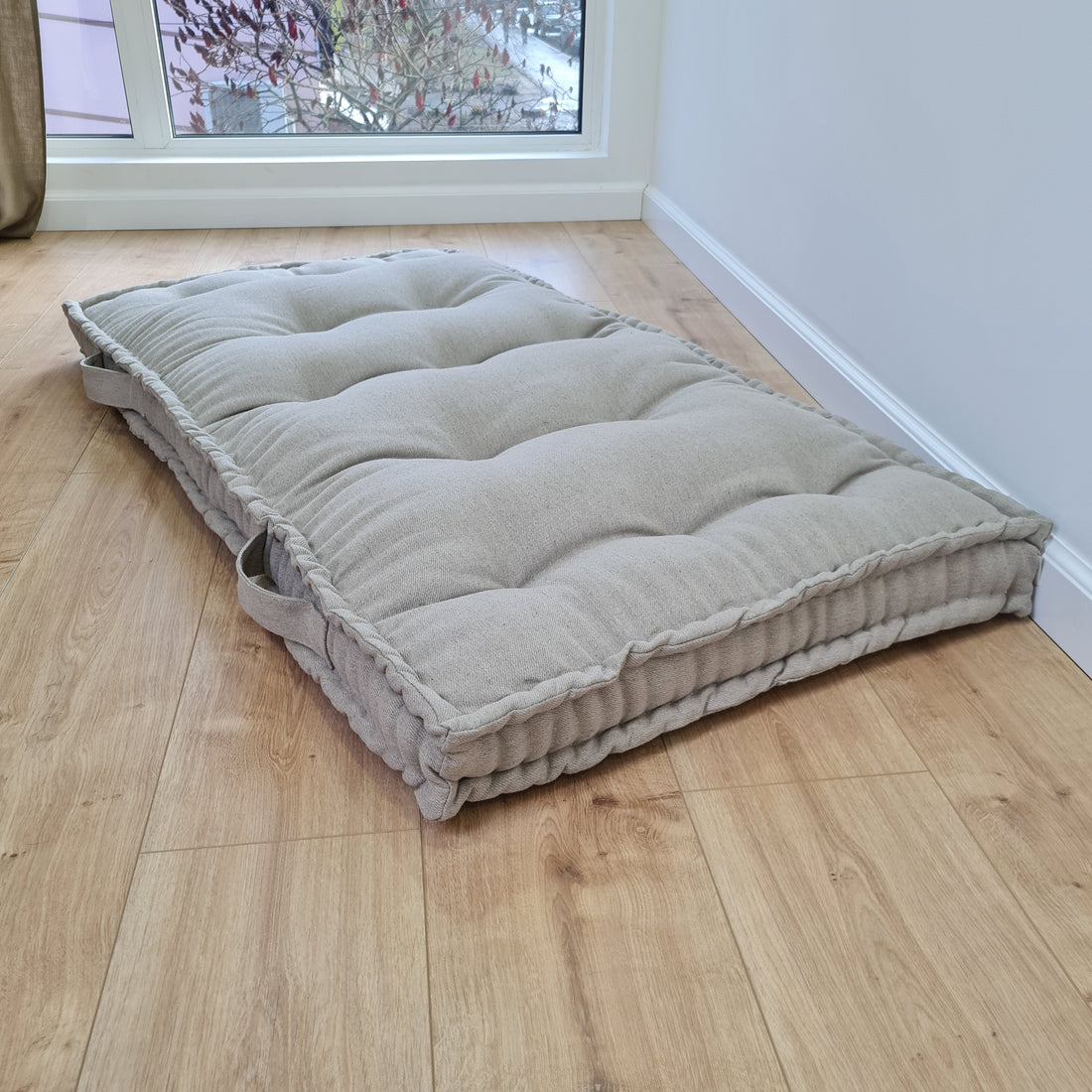 HEMP Linen Floor cushion with handles reading nook pillow Organic Hemp fiber filling in non-dyed Linen fabric custom made Meditation pillow