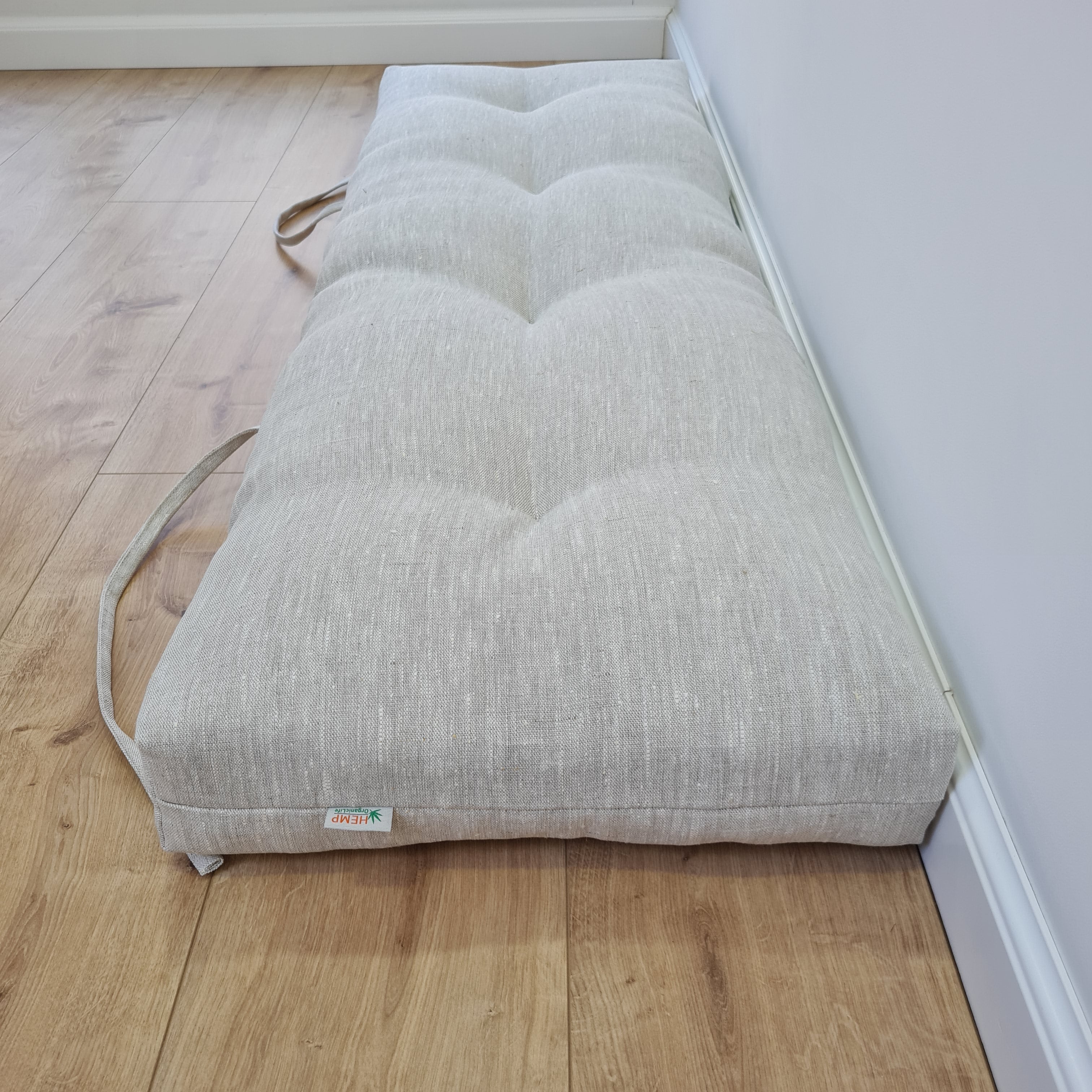 Natural Hemp Linen Bench Cushion with Ties Custom Made filled organic Hemp Fiber in natural non dyed Linen Fabric Window Bench Mudroom cushions
