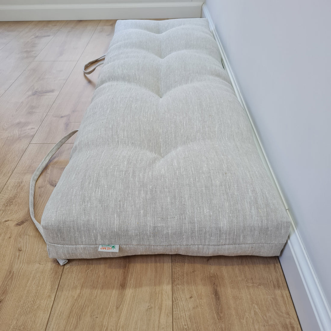 Natural Hemp Linen Bench Cushion with Ties Custom Made filled organic Hemp Fiber in natural non dyed Linen Fabric Window Bench Mudroom cushions