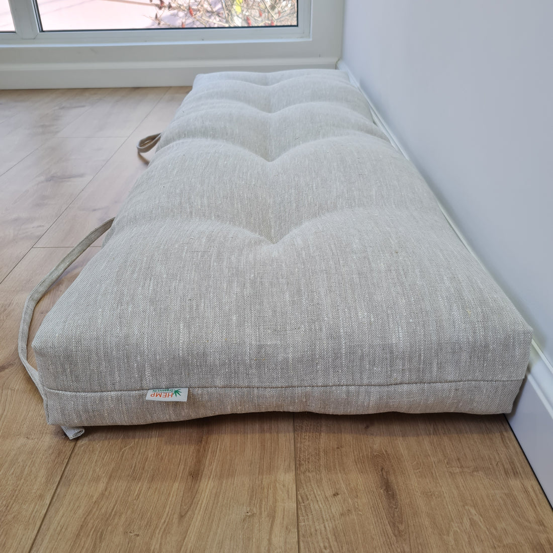 Natural Hemp Linen Bench Cushion with Ties Custom Made filled organic Hemp Fiber in natural non dyed Linen Fabric Window Bench Mudroom cushions