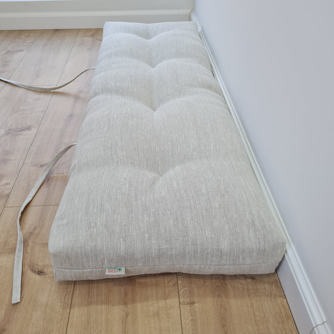 Natural Hemp Linen Bench Cushion with Ties Custom Made filled organic Hemp Fiber in natural non dyed Linen Fabric Window Bench Mudroom cushions