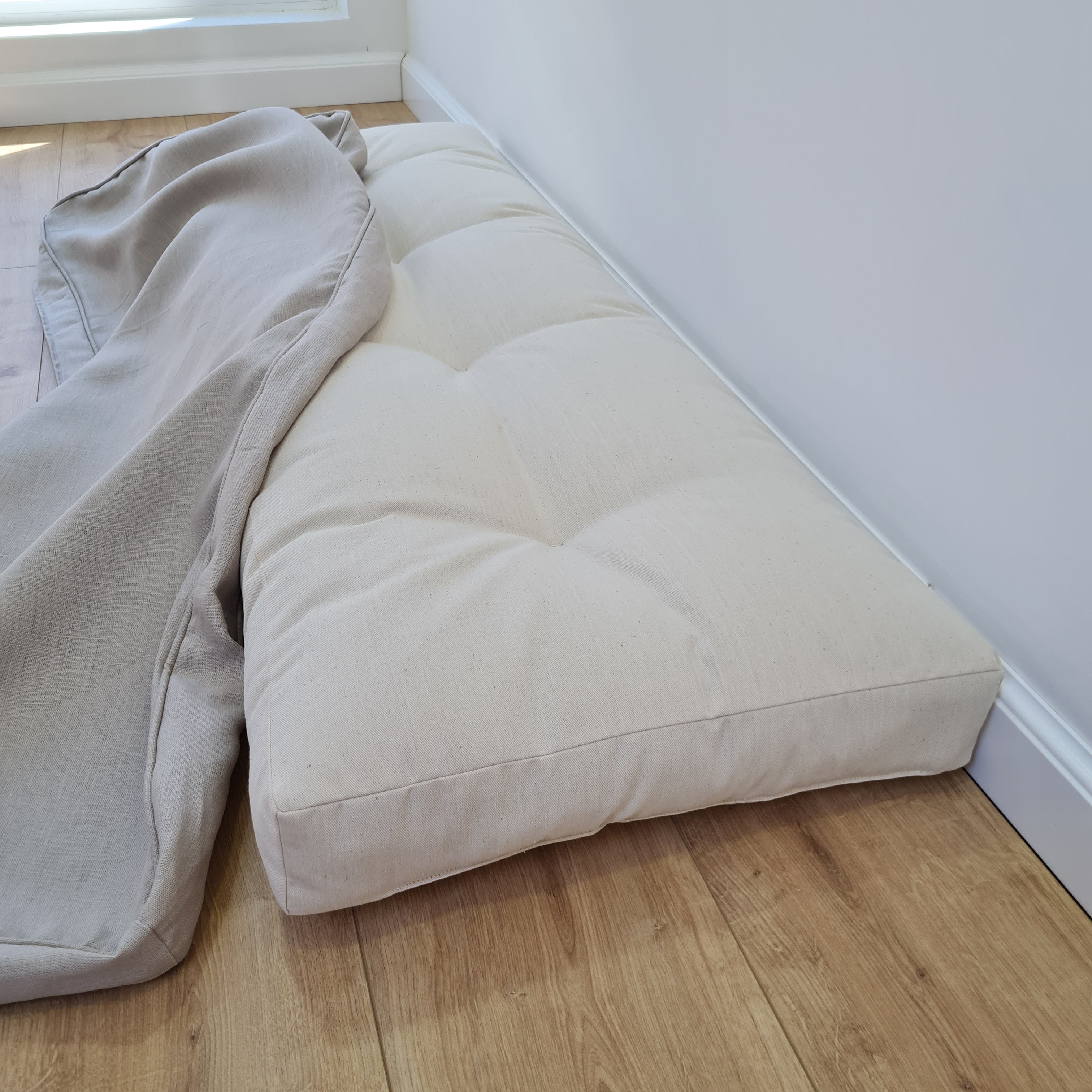 Hemp Custom made Window Mudroom Floor bench cushion with removable linen cover, with a lace, without stitches filled organic hemp fiber in natural non-dyed cotton fabric