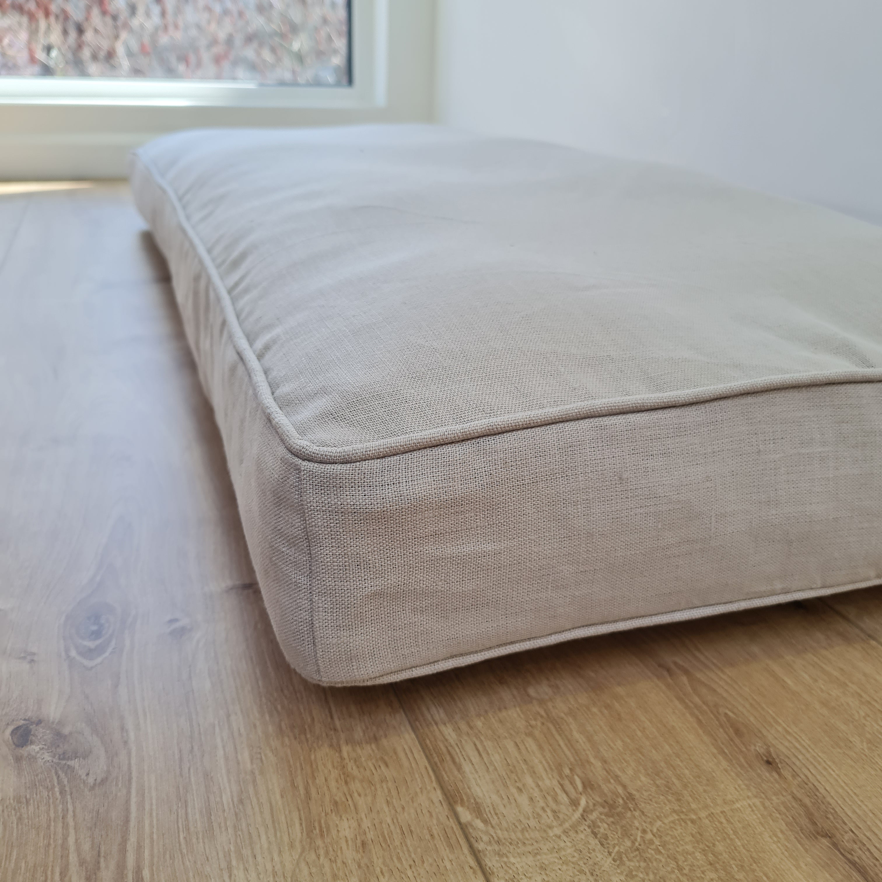 Hemp Custom made Window Mudroom Floor bench cushion with removable linen cover, with a lace, without stitches filled organic hemp fiber in natural non-dyed cotton fabric
