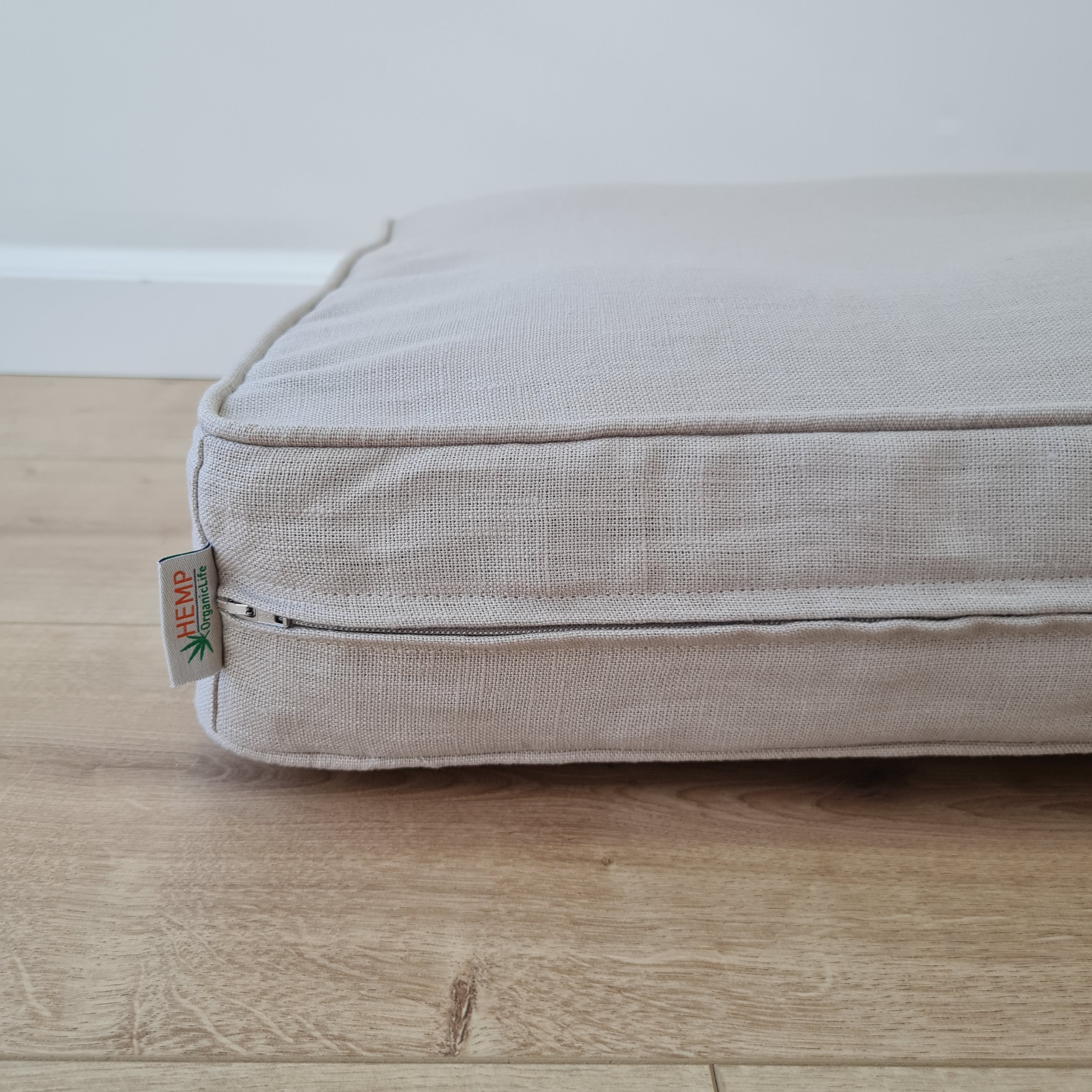 Hemp Custom made Window Mudroom Floor bench cushion with removable linen cover, with a lace, without stitches filled organic hemp fiber in natural non-dyed cotton fabric
