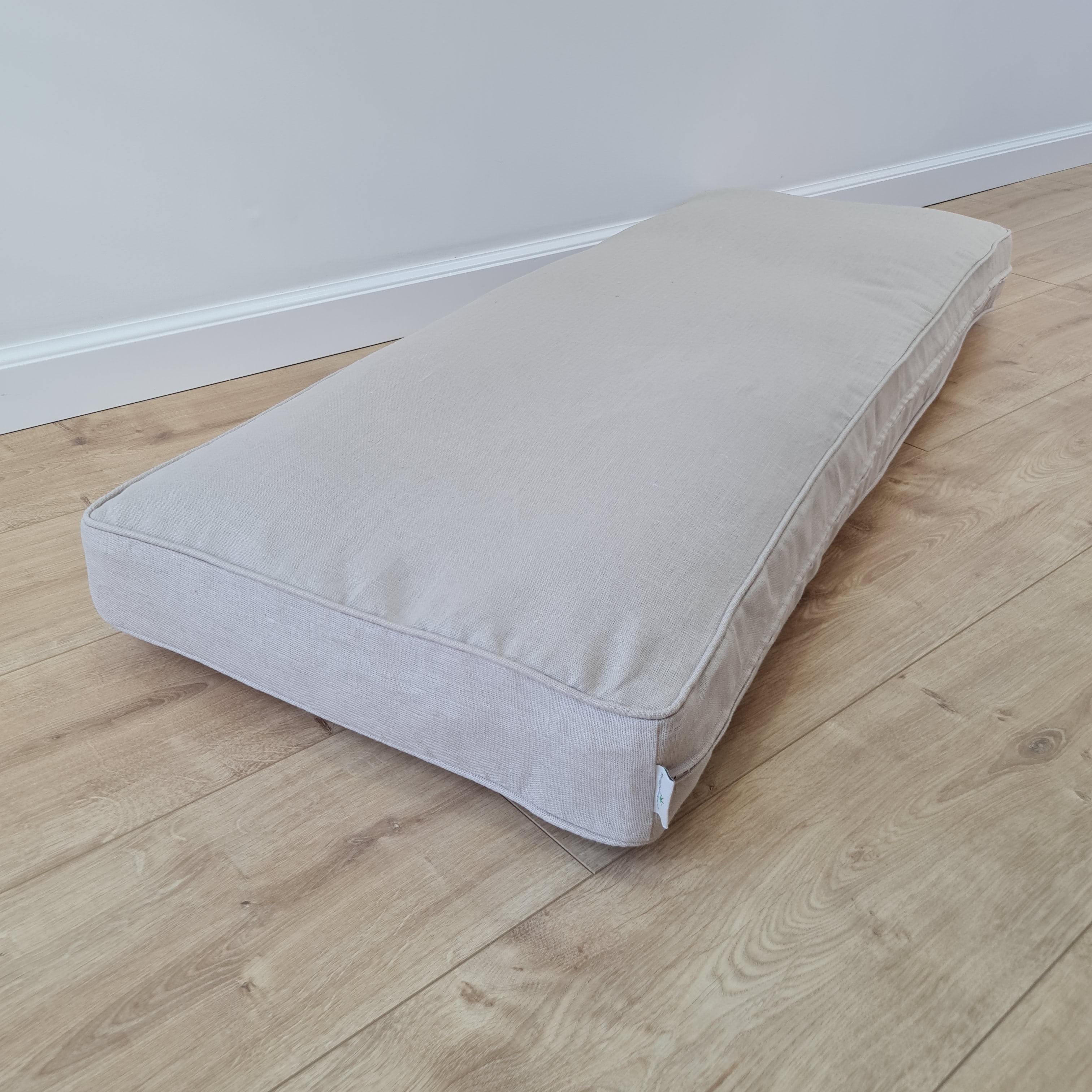 Hemp Custom made Window Mudroom Floor bench cushion with removable linen cover, with a lace, without stitches filled organic hemp fiber in natural non-dyed cotton fabric