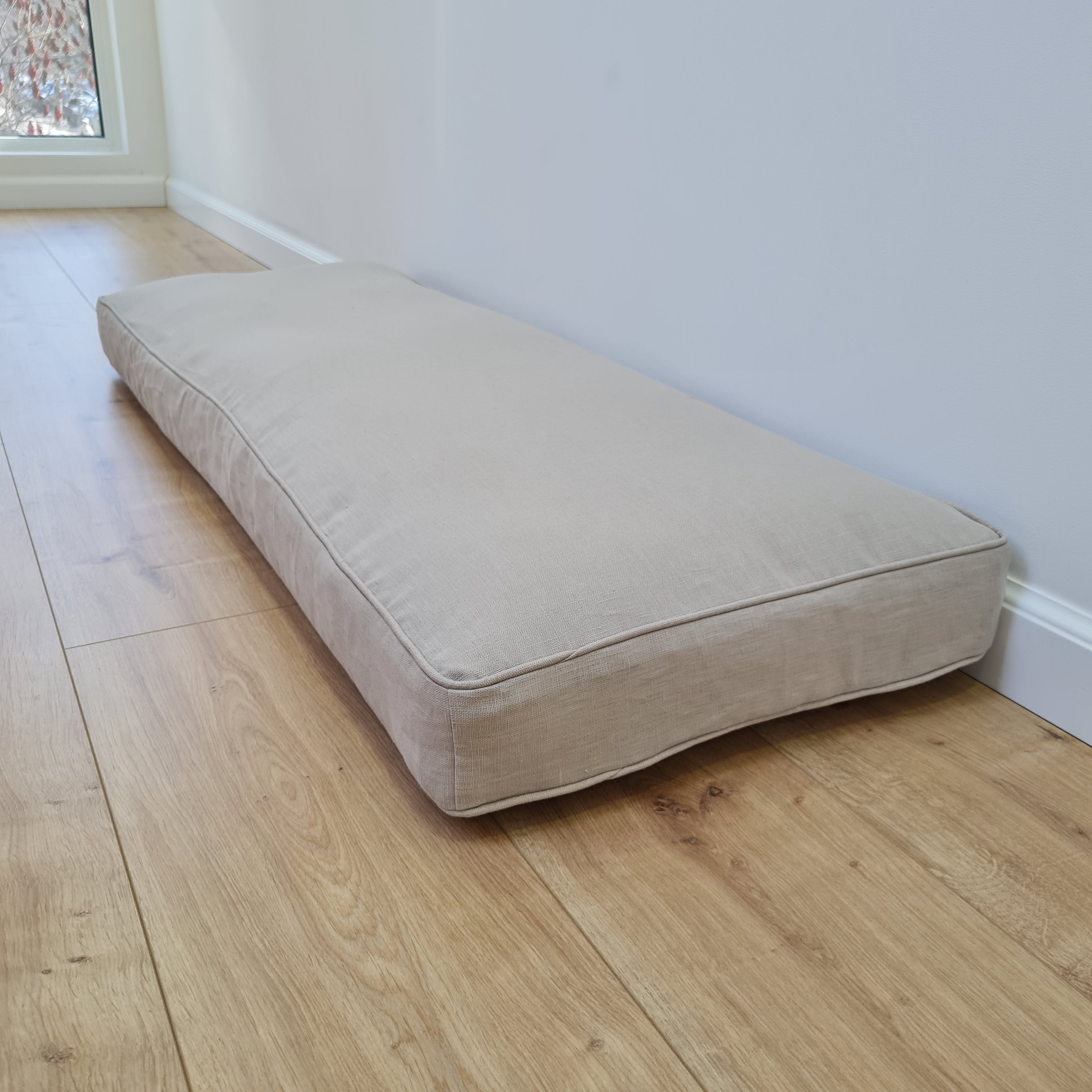 Hemp Custom made Window Mudroom Floor bench cushion with removable linen cover, with a lace, without stitches filled organic hemp fiber in natural non-dyed cotton fabric