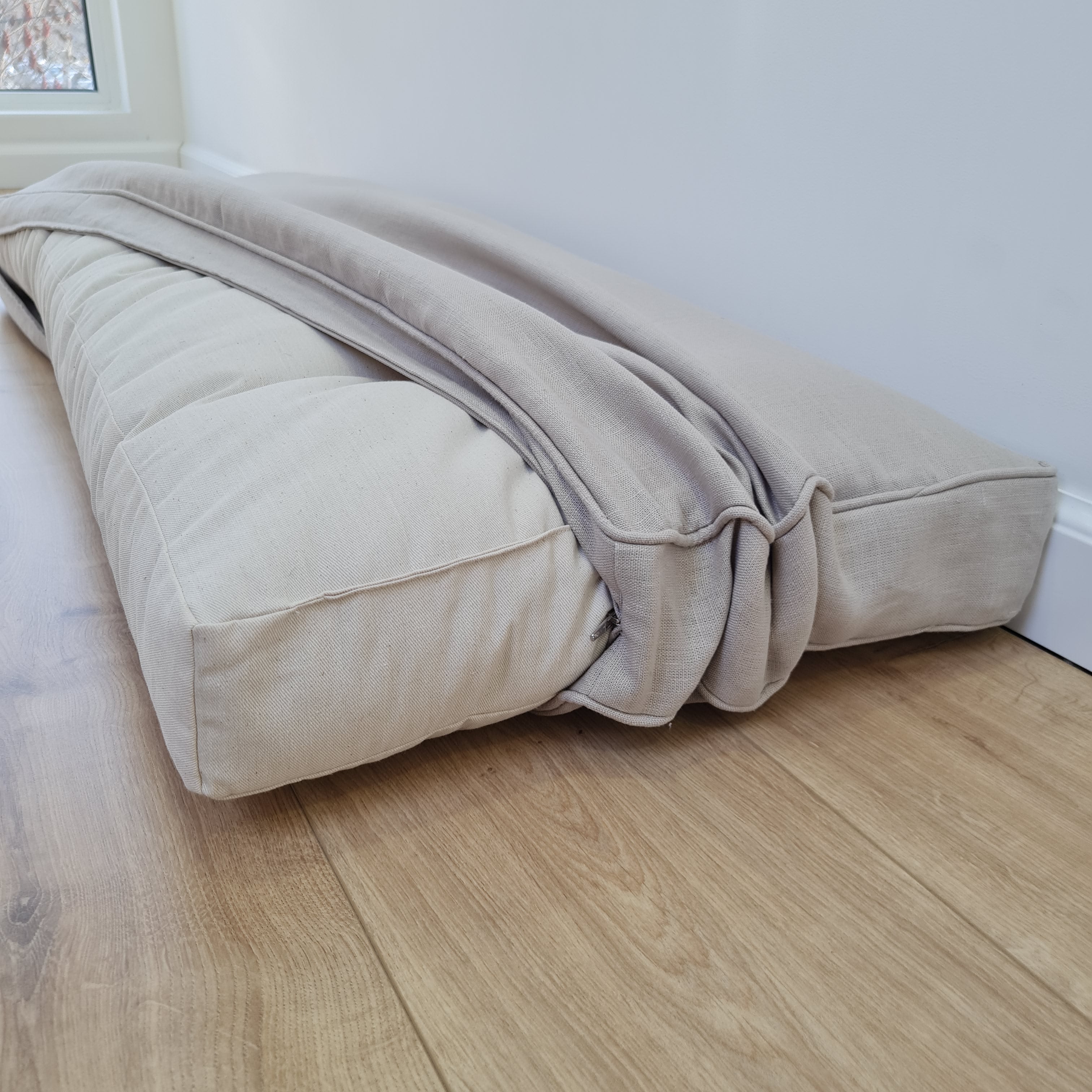 Hemp Custom made Window Mudroom Floor bench cushion with removable linen cover, with a lace, without stitches filled organic hemp fiber in natural non-dyed cotton fabric