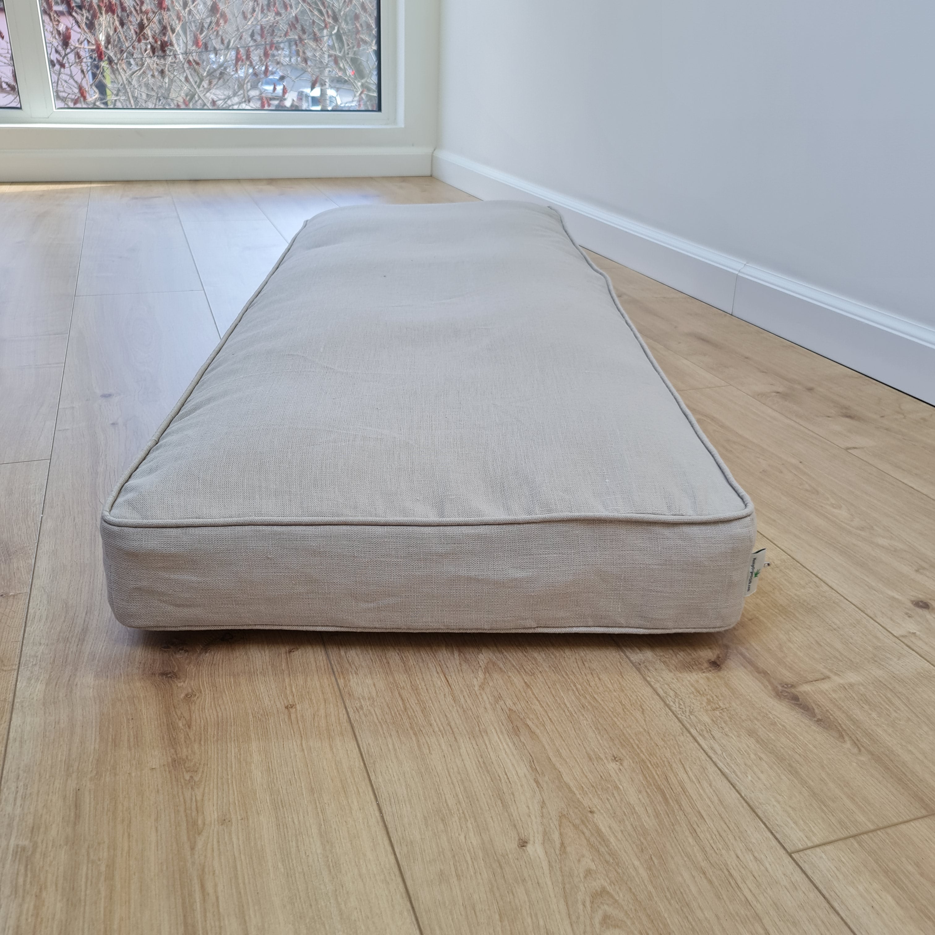 Hemp Custom made Window Mudroom Floor bench cushion with removable linen cover, with a lace, without stitches filled organic hemp fiber in natural non-dyed cotton fabric