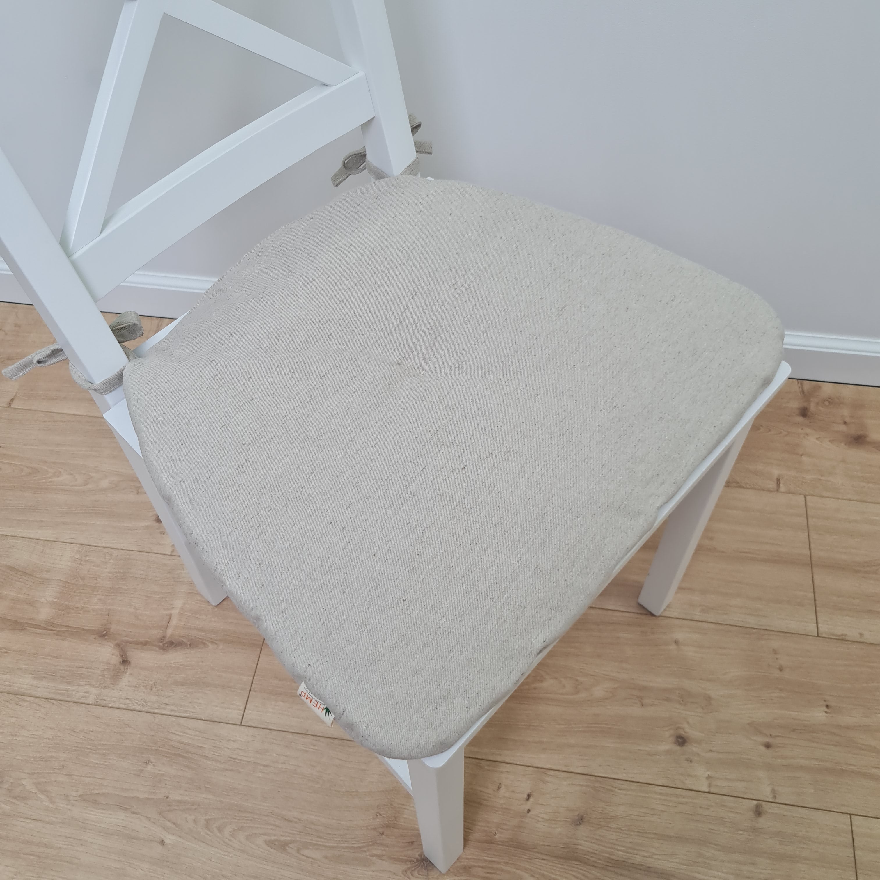 Hemp Linen seat cushion for chair with ties filled organic hemp fiber in natural linen fabric