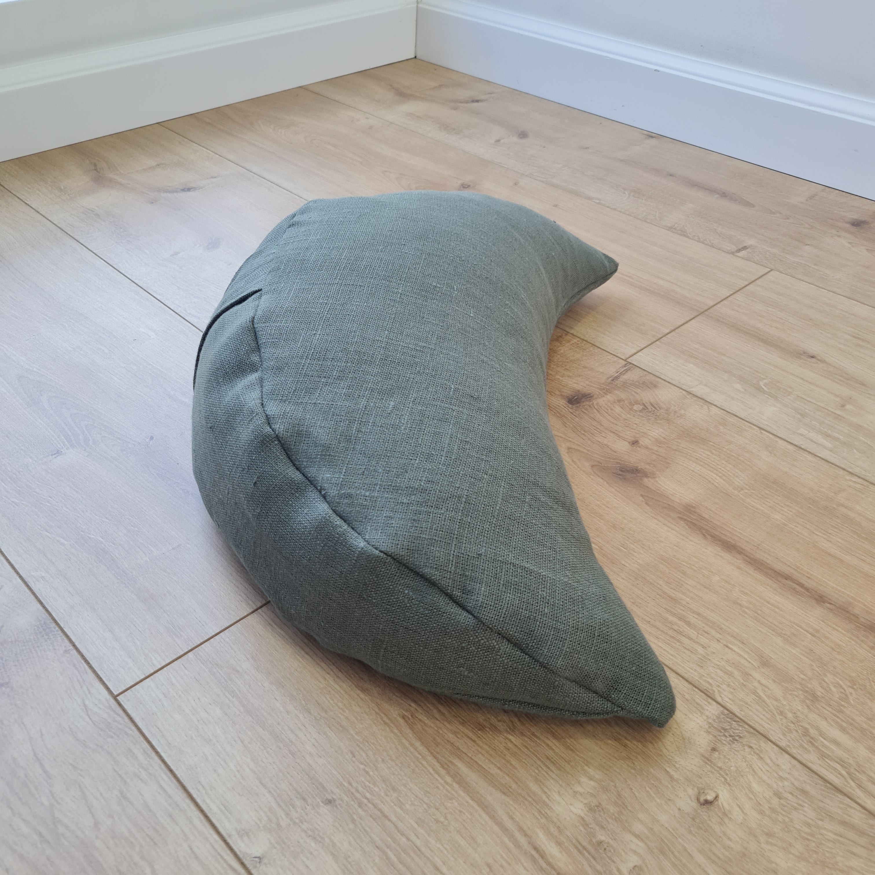 Natural Linen meditation Cresсent cushion Olive filled with buckwheat hulls