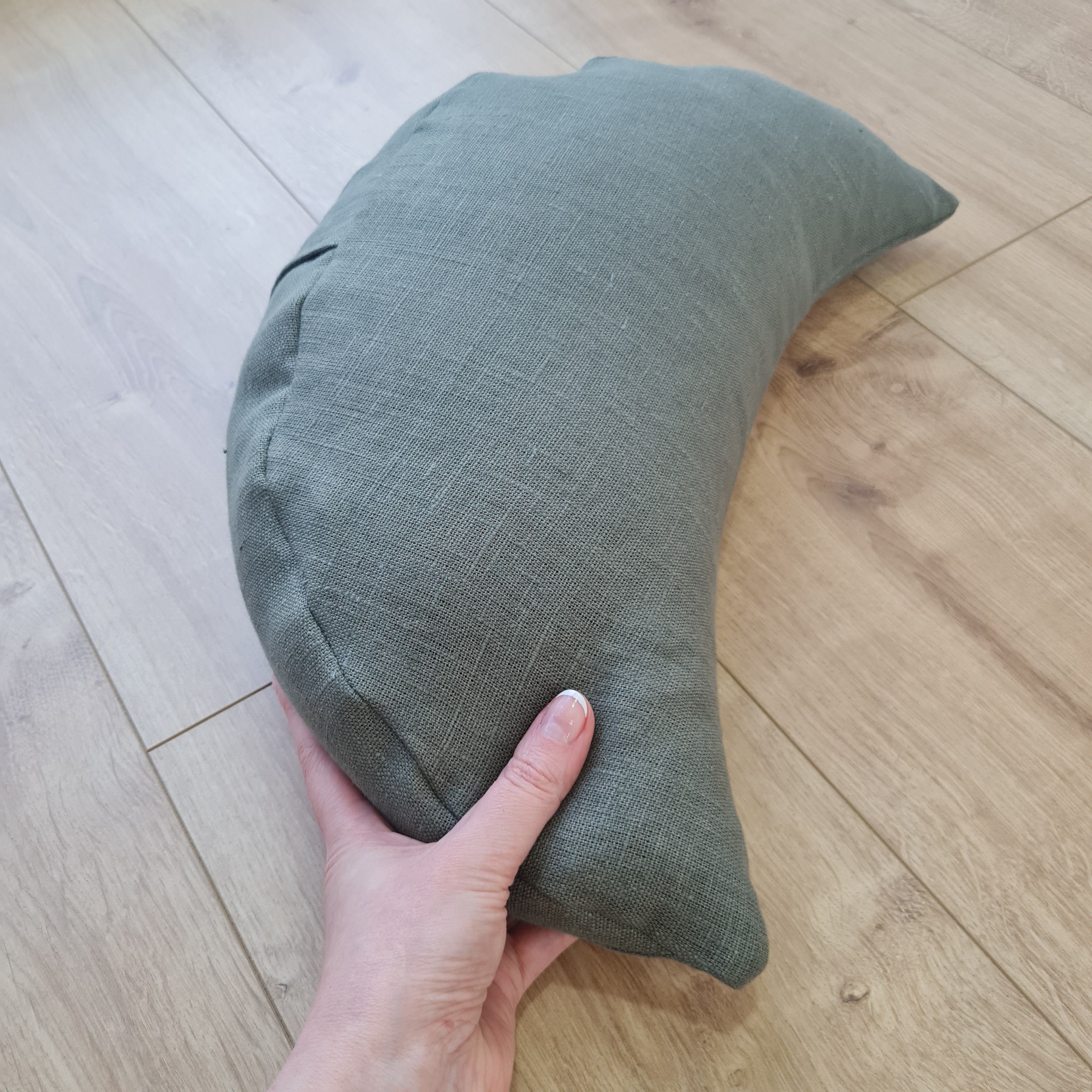 Natural Linen meditation Cresсent cushion Olive filled with buckwheat hulls