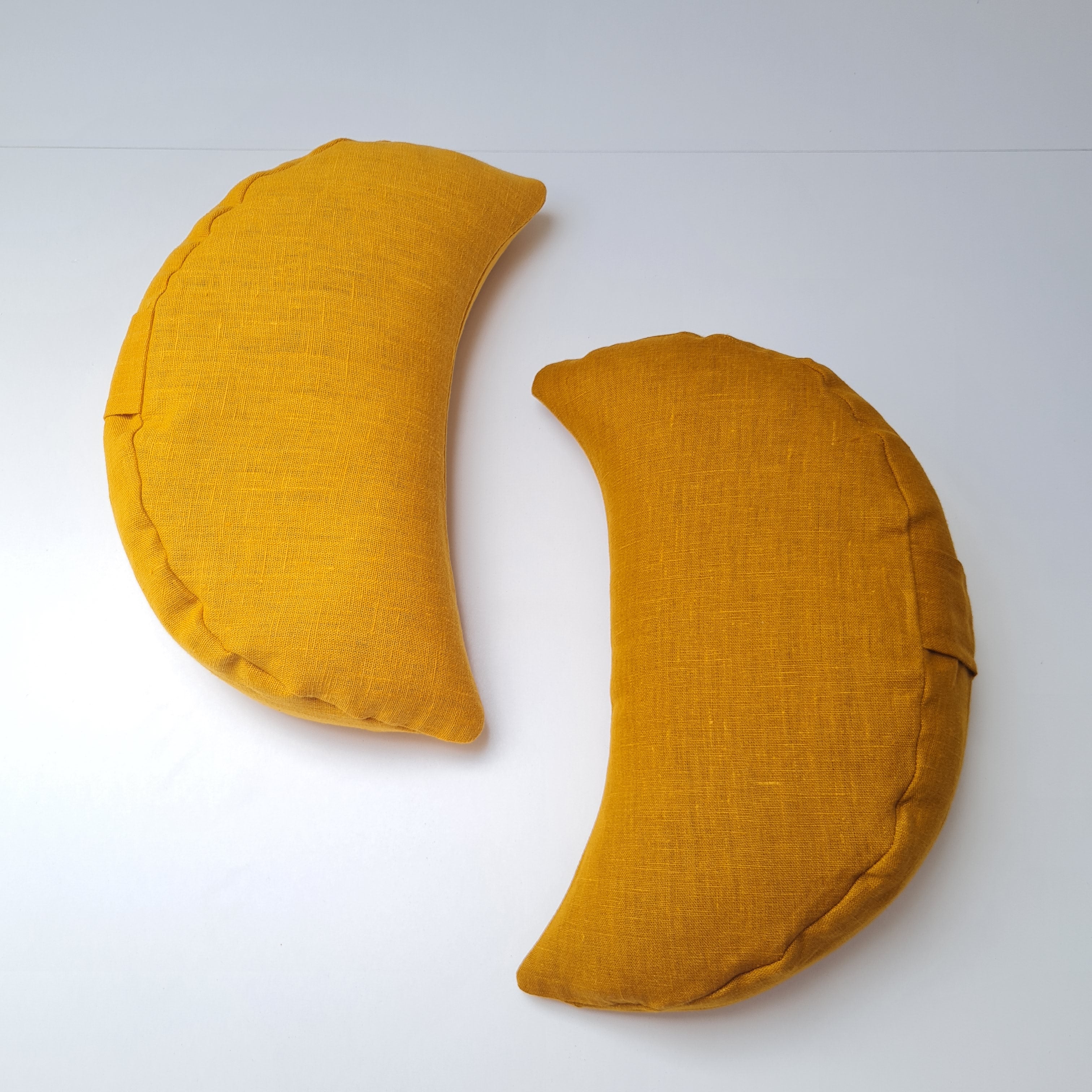 Mustard linen meditation Cresсent cushion filled with buckwheat hulls Yoga support pillow